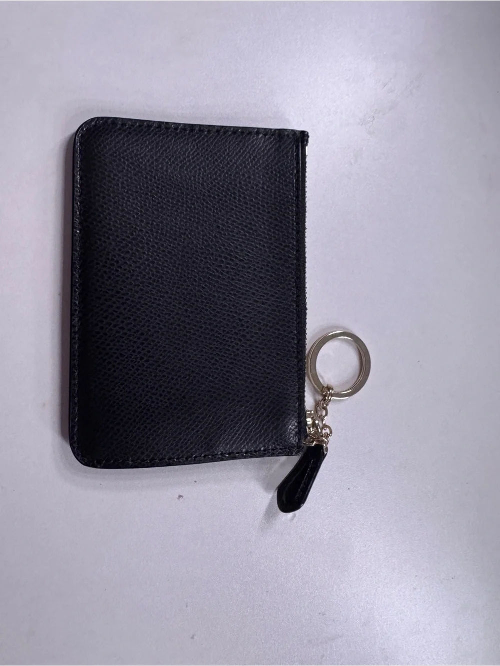 Coach Black Leather Zip Card Holder with Key Ring and Gold Logo